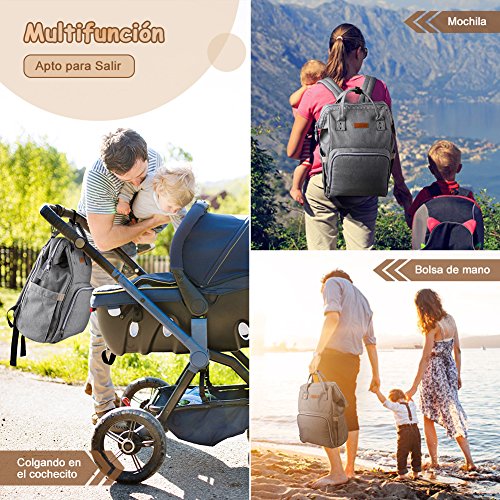 YISSVIC Mochilas para Pañales Bolsa de Pañales Multifuncional de Gran Capacidad Bolsos Cambiadores Pañales con USB Puerto de Carga 2 Ganchos de Cochecito y Bolsa de Preservación de Calor