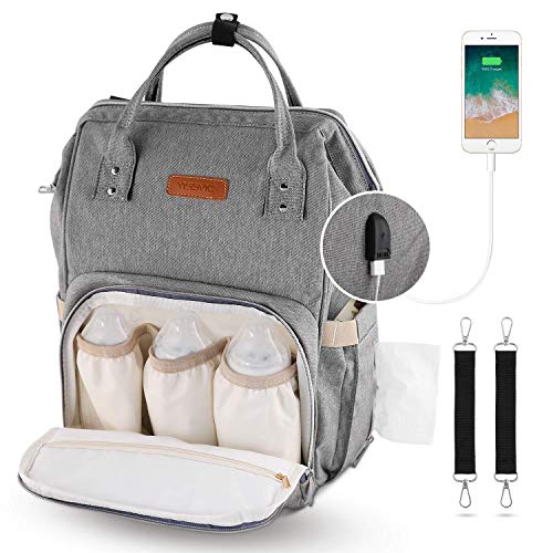 YISSVIC Mochilas para Pañales Bolsa de Pañales Multifuncional de Gran Capacidad Bolsos Cambiadores Pañales con USB Puerto de Carga 2 Ganchos de Cochecito y Bolsa de Preservación de Calor