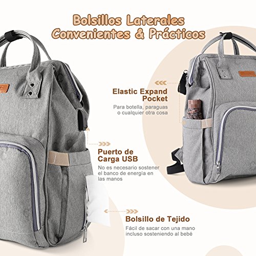 YISSVIC Mochilas para Pañales Bolsa de Pañales Multifuncional de Gran Capacidad Bolsos Cambiadores Pañales con USB Puerto de Carga 2 Ganchos de Cochecito y Bolsa de Preservación de Calor
