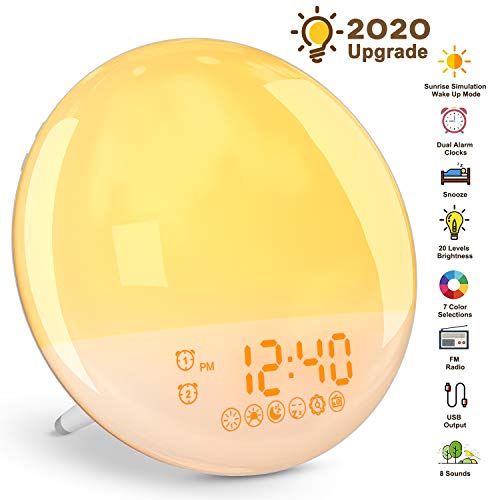 YISSVIC Wake Up Light Luces Despertador LED 20 Niveles de Brillo 16 Niveles de Ajuste de Volumen 8 Sonidos 7 Luces de Colores 2 Alarmas con Radio FM y Función Snooze