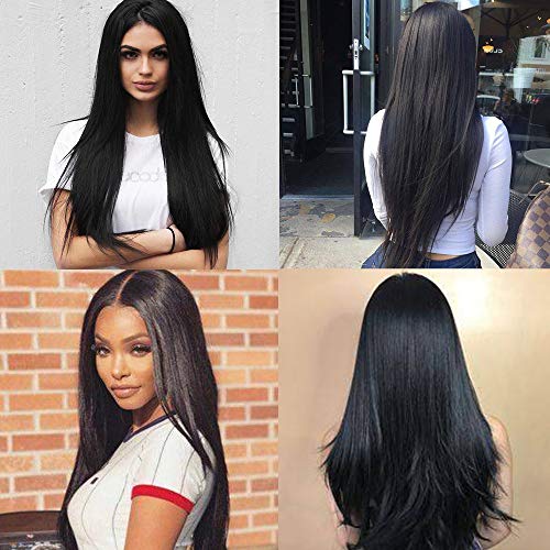 YMHPRIDE 2 paquetes de clip negro recto largo en extensiones de cabello 1 piezas 5 clips suaves y gruesos peluquines sintéticos de cabeza completa para mujeres (22 pulgadas, 140 g)