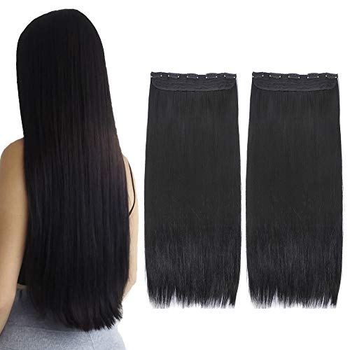 YMHPRIDE 2 paquetes de clip negro recto largo en extensiones de cabello 1 piezas 5 clips suaves y gruesos peluquines sintéticos de cabeza completa para mujeres (22 pulgadas, 140 g)