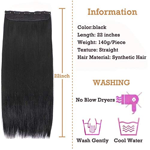 YMHPRIDE 2 paquetes de clip negro recto largo en extensiones de cabello 1 piezas 5 clips suaves y gruesos peluquines sintéticos de cabeza completa para mujeres (22 pulgadas, 140 g)