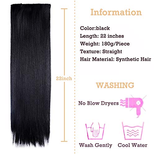 YMHPRIDE Clip de cabeza larga recta larga en extensiones de cabello 8 piezas 20 clips Extensión de cabello sintética gruesa suave para mujeres (22 pulgadas, negro)
