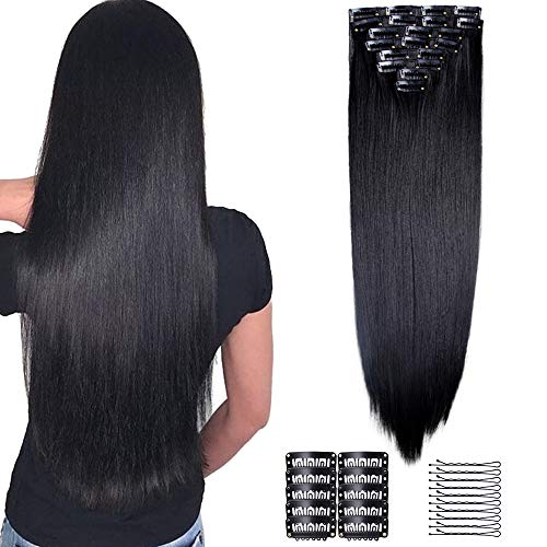 YMHPRIDE Clip de cabeza larga recta larga en extensiones de cabello 8 piezas 20 clips Extensión de cabello sintética gruesa suave para mujeres (22 pulgadas, negro)