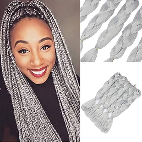 YMHPRIDE Extensión del pelo trenzado sintético Kanekalon gris plata 5 piezas / 500 g 24 pulgadas de pelo trenzado enorme