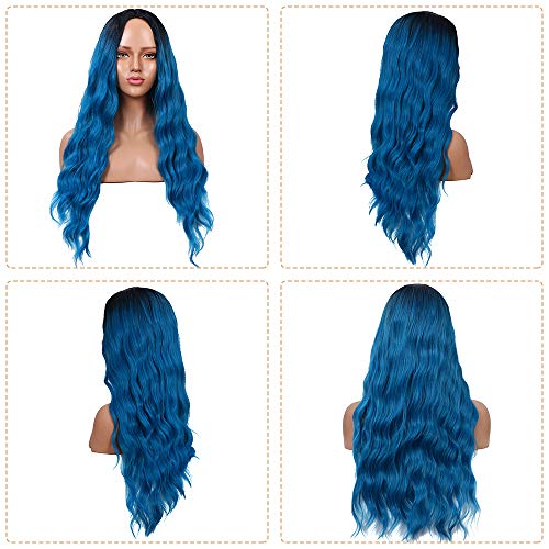 YMHPRIDE Peluca rizada natural azul Ombre para mujeres con raíces oscuras Peluca sintética de parte media ondulada larga para disfraz de fiesta de Halloween 22 pulgadas