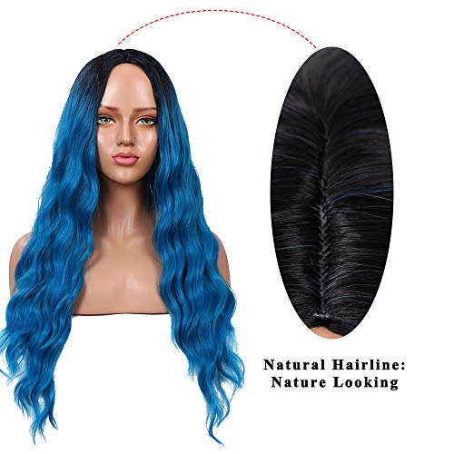 YMHPRIDE Peluca rizada natural azul Ombre para mujeres con raíces oscuras Peluca sintética de parte media ondulada larga para disfraz de fiesta de Halloween 22 pulgadas