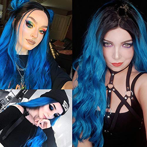 YMHPRIDE Peluca rizada natural azul Ombre para mujeres con raíces oscuras Peluca sintética de parte media ondulada larga para disfraz de fiesta de Halloween 22 pulgadas