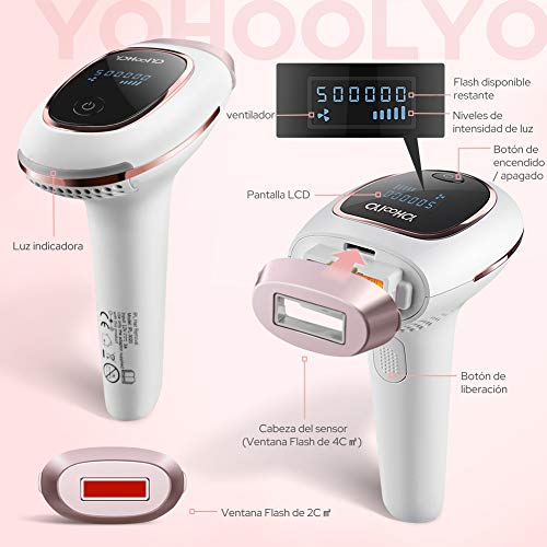 YOHOOLYO Depiladora Luz Pulsada para la Depilación Permanente IPL 500,000 Pulsos de Luz Depilatorio con 2 Cabezales para el Área del Bikini, Axilas, Cara, Cuerpo