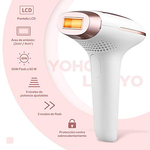 YOHOOLYO Depiladora Luz Pulsada para la Depilación Permanente IPL 500,000 Pulsos de Luz Depilatorio con 2 Cabezales para el Área del Bikini, Axilas, Cara, Cuerpo