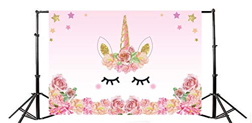 YongFoto 1,5x1m Fondo de Fotografia Unicornio Rosa Rosas Fiesta Borde Las Flores Patrón Lindo Estrella Oro Telón de Fondo Cumpleaños Fiesta Baby Shower Niños Bebé Chicas Bandera Estudio fotográfico