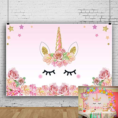 YongFoto 1,5x1m Fondo de Fotografia Unicornio Rosa Rosas Fiesta Borde Las Flores Patrón Lindo Estrella Oro Telón de Fondo Cumpleaños Fiesta Baby Shower Niños Bebé Chicas Bandera Estudio fotográfico