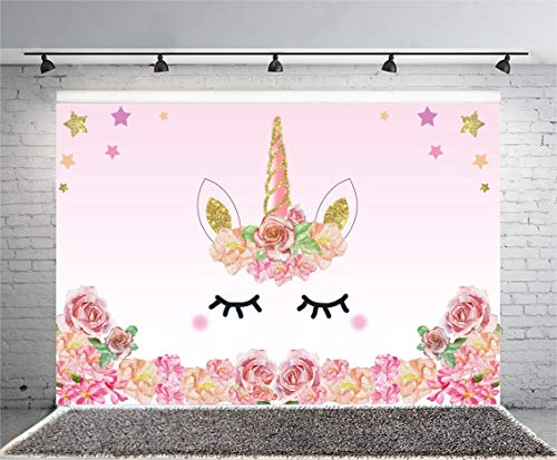 YongFoto 1,5x1m Fondo de Fotografia Unicornio Rosa Rosas Fiesta Borde Las Flores Patrón Lindo Estrella Oro Telón de Fondo Cumpleaños Fiesta Baby Shower Niños Bebé Chicas Bandera Estudio fotográfico