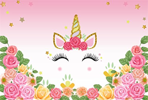 YongFoto 2,2x1,5m Fondo de Fotografia Unicornio Linda Cabeza de Unicornio con Flores Rosadas Telón de Fondo Cumpleaños Fiesta Baby Shower Niños Bebé Chicas Bandera Estudio fotográfico Accesorios