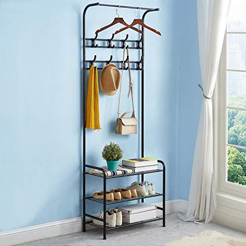 YOOKEA Perchero de Pie Metálico con 16 Ganchos, Perchero con Zapatero Resistente de 3 Capas, 63.5 x 29.5 x 180 cm, Negro