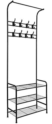 YOOKEA Perchero de Pie Metálico con 16 Ganchos, Perchero con Zapatero Resistente de 3 Capas, 63.5 x 29.5 x 180 cm, Negro