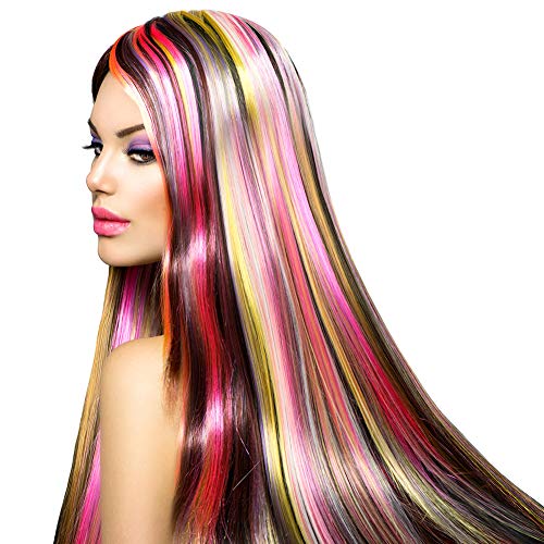 Yorgewd 52 extensiones de pelo de 53 cm, coloridas con clip en pelo sintético para fiestas, postizos rectos, para mujeres, niñas y niños
