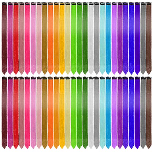 Yorgewd 52 extensiones de pelo de 53 cm, coloridas con clip en pelo sintético para fiestas, postizos rectos, para mujeres, niñas y niños