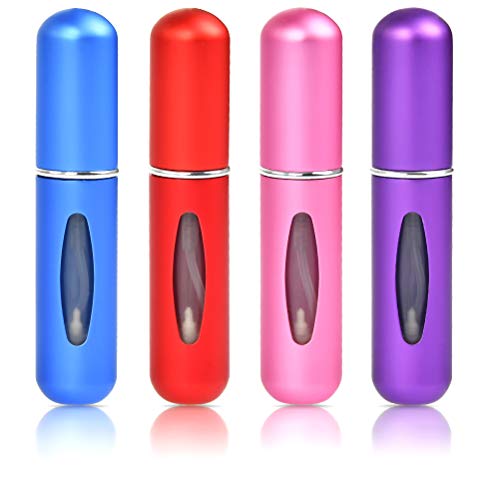 YOTINO 4PCS Perfume Spray 5ml Botellas de perfume recargables vacías, mini portátiles con ventana visible para viajes: azul, rojo, púrpura, rosa