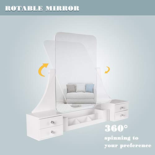 YOUKE Tocador Moderno, Mesa de Maquillaje en MDF y Pino, con Espejo sin Marco, Taburete de Madera de Goma, 7 Cajones, para Dormitorio, Vestidor, Blanco