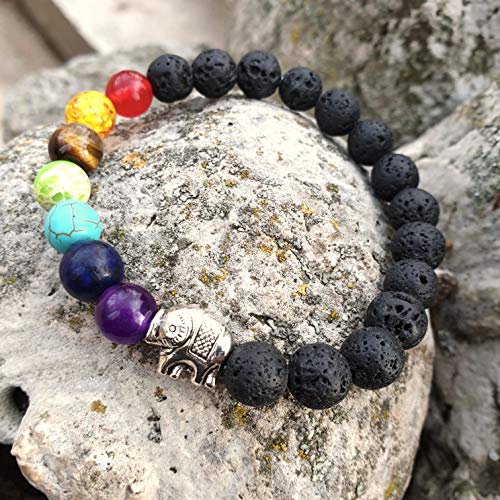 YouOne Pulsera de Mujer Elefante 7 Chakras Unisex Piedra Lava Natural Preciosa Original con Banda elástica Perfecto Regalo joyeria Madre y Padre, Reiki, Amuleto de curación y Yoga Budista Tantra