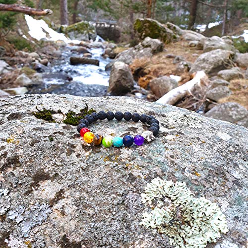 YouOne Pulsera de Mujer Elefante 7 Chakras Unisex Piedra Lava Natural Preciosa Original con Banda elástica Perfecto Regalo joyeria Madre y Padre, Reiki, Amuleto de curación y Yoga Budista Tantra