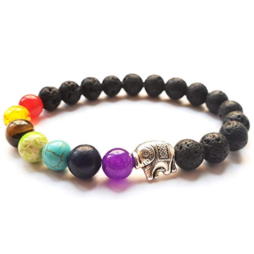 YouOne Pulsera de Mujer Elefante 7 Chakras Unisex Piedra Lava Natural Preciosa Original con Banda elástica Perfecto Regalo joyeria Madre y Padre, Reiki, Amuleto de curación y Yoga Budista Tantra
