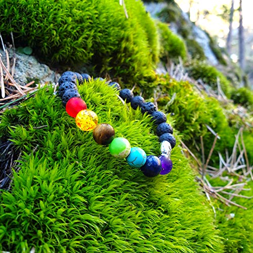 YouOne Pulsera de Mujer Elefante 7 Chakras Unisex Piedra Lava Natural Preciosa Original con Banda elástica Perfecto Regalo joyeria Madre y Padre, Reiki, Amuleto de curación y Yoga Budista Tantra