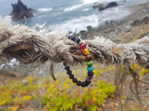 YouOne Pulsera de Mujer Hombre Unisex 7 Chakras Piedra Lava Natural Preciosa Original con Banda elástica Perfecto Regalo joyeria Madre y Padre, Reiki, Amuleto de curación y Yoga Estilo Budista Tantra