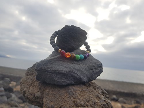 YouOne Pulsera de Mujer Hombre Unisex 7 Chakras Piedra Lava Natural Preciosa Original con Banda elástica Perfecto Regalo joyeria Madre y Padre, Reiki, Amuleto de curación y Yoga Estilo Budista Tantra