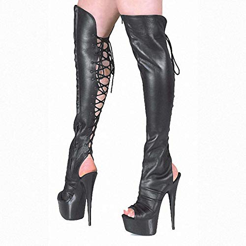 Ysswjzzzz Botas Altas, Botas por Encima de la Rodilla for Mujer, Todo fósforo en otoño e Invierno, Botas de Cuero con tacón de Aguja de 15 cm, Botas sexys (Color : Black, Size : 46)