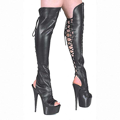 Ysswjzzzz Botas Altas, Botas por Encima de la Rodilla for Mujer, Todo fósforo en otoño e Invierno, Botas de Cuero con tacón de Aguja de 15 cm, Botas sexys (Color : Black, Size : 46)