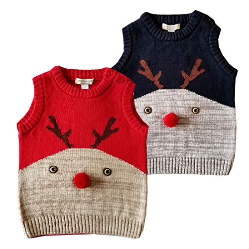 YuanDian Bebe Niños Niñas Navidad Tejido De Punto Chaleco Ciervo Sin Manga Suéter 100% Algodón Ropa de Punto Disfraces Navideña para Infantil 64-110cm Rojo 100