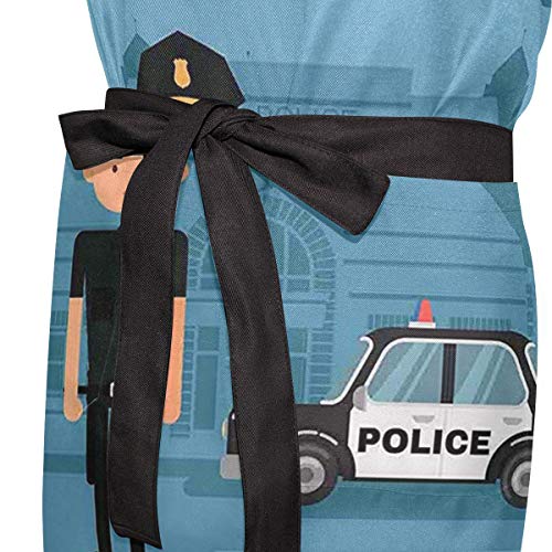 YUDILINSA Delantal Personalizado, nuevos Delantales creativos Delantal de Calidad Profesional,Oficial de Dibujos Animados Cop de pie Frente a la estación de Fondo Azul