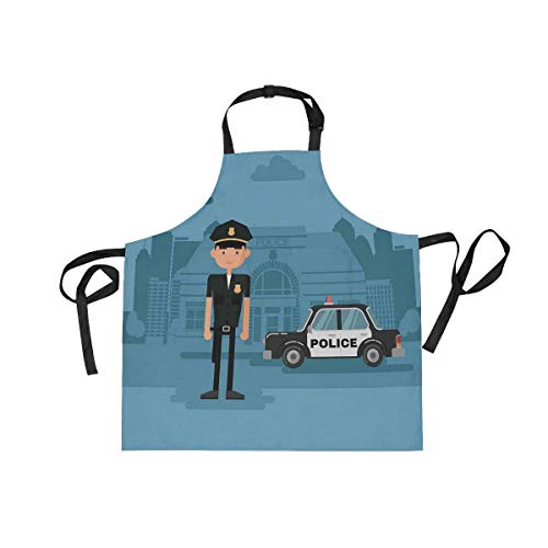 YUDILINSA Delantal Personalizado, nuevos Delantales creativos Delantal de Calidad Profesional,Oficial de Dibujos Animados Cop de pie Frente a la estación de Fondo Azul