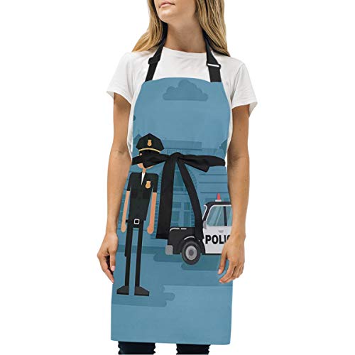 YUDILINSA Delantal Personalizado, nuevos Delantales creativos Delantal de Calidad Profesional,Oficial de Dibujos Animados Cop de pie Frente a la estación de Fondo Azul