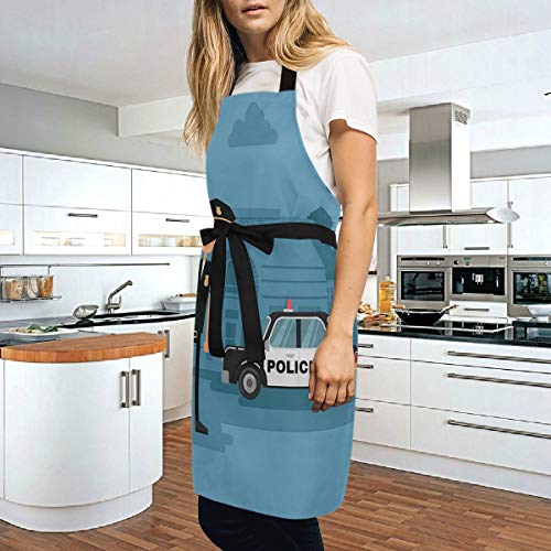 YUDILINSA Delantal Personalizado, nuevos Delantales creativos Delantal de Calidad Profesional,Oficial de Dibujos Animados Cop de pie Frente a la estación de Fondo Azul