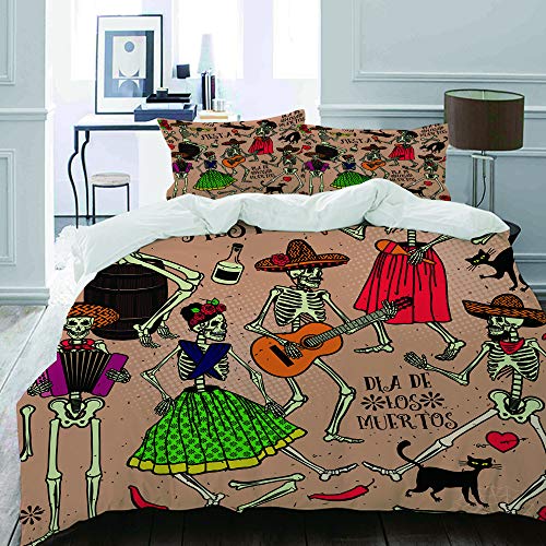 YUDILINSA Funda nórdica Funda de Almohada, edredón, Juego de Cama,Red Dead with Skeletons Dia De Los Muertos The Dance Day Party Tattoo Music,200 x 200 cm