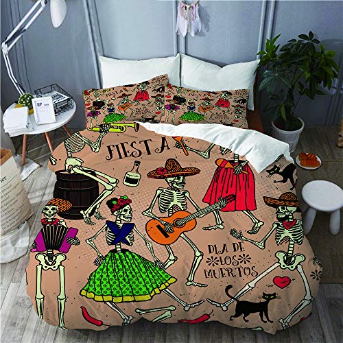 YUDILINSA Funda nórdica Funda de Almohada, edredón, Juego de Cama,Red Dead with Skeletons Dia De Los Muertos The Dance Day Party Tattoo Music,200 x 200 cm