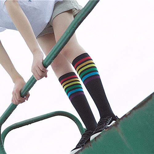 YWLINK 1 Par De Muslo Calcetines Altos Sobre La Rodilla Rainbow Stripe Girls Football Calcetines Negro Blanco Calcetines De Pila De Arco Iris Antideslizante La Moda CóModo