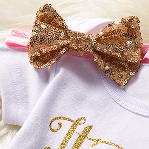 YWLINK 3PC ReciéN Nacida Manga Corta con Estampado De Letras Traje De Rastreo Mono+Falda De Malla De Tutú+Cinta para El Pelo con Lazo CumpleañOs Regalo Fiesta 3 Piezas Trajes