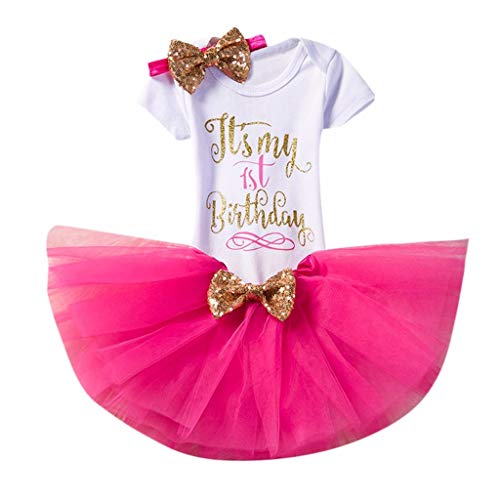 YWLINK 3PC ReciéN Nacida Manga Corta con Estampado De Letras Traje De Rastreo Mono+Falda De Malla De Tutú+Cinta para El Pelo con Lazo CumpleañOs Regalo Fiesta 3 Piezas Trajes