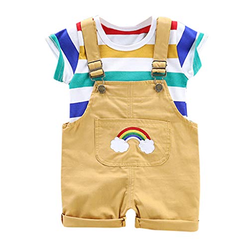 YWLINK Verano Al Aire Libre Mezcla De Algodon Manga Corta Rayas Arcoiris Camiseta +Babero Arcoiris Pantalones Cortos Traje De 2 Piezas Regalo Blanco, Amarillo, Azul, Café 6 Meses-3AñOs