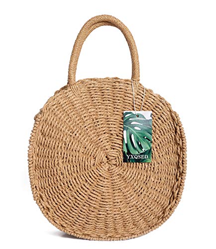 YXQSED Bolso Redondo Tejido a Mano de Ratán Elegante Bolsa de Mensajero de Paja Retro Vintage Bolso de Hombro Lady Verano Playa Correa de Cuero Para el Hombro 2019