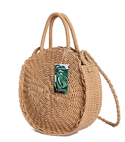 YXQSED Bolso Redondo Tejido a Mano de Ratán Elegante Bolsa de Mensajero de Paja Retro Vintage Bolso de Hombro Lady Verano Playa Correa de Cuero Para el Hombro 2019