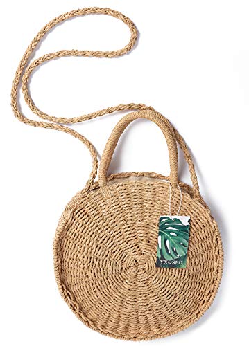 YXQSED Bolso Redondo Tejido a Mano de Ratán Elegante Bolsa de Mensajero de Paja Retro Vintage Bolso de Hombro Lady Verano Playa Correa de Cuero Para el Hombro 2019