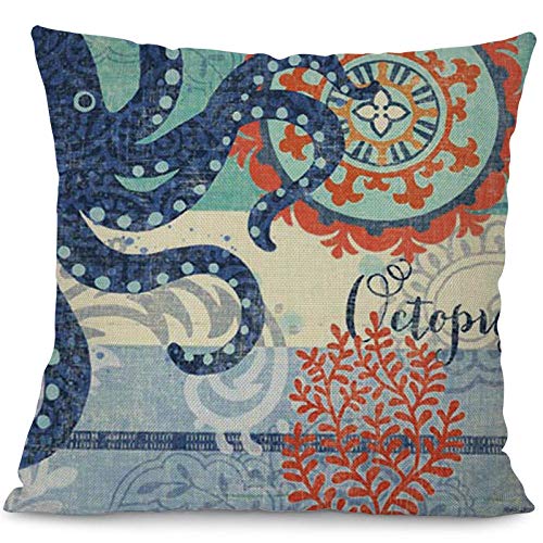 YZMY Funda De Almohada Decorativa Fundas para Cojines Funda De Cojín De Lino, 18", Estilo Marino Azul, Marinero, Pulpo Funda De Almohada Decorativa para Tortuga Marina-450 Mm * 450 Mm_11