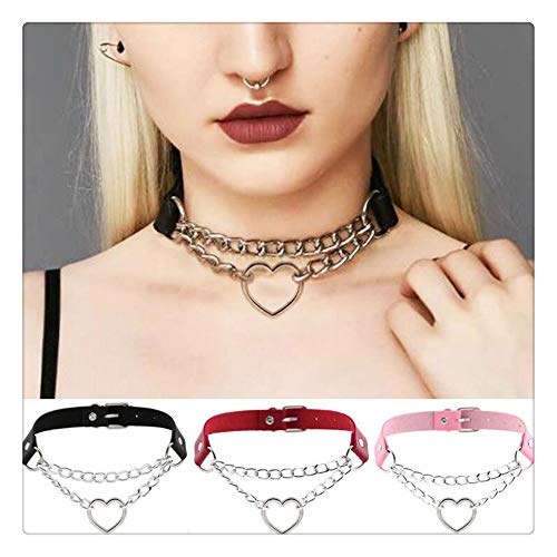Z-one 1 3PCS Collar de cuero para perros, collar con forma de coraz¨®n, collar de gargantilla de trabajo ligero, ni?as, club nocturno, joyer¨ªa para caminar y entrenar (negro, rojo, rosa)