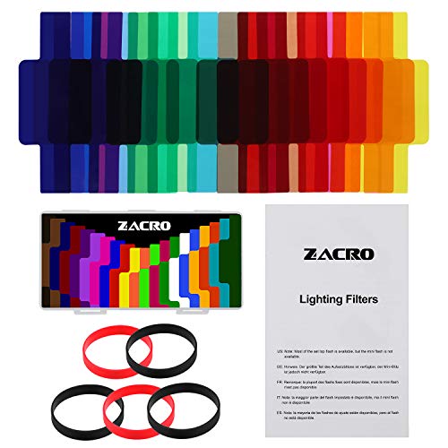 Zacro 20 Pcs Gel Filtros Cámaras Iluminación Flash de Corrección Termografía para Flash Speedlite,5 Anillos de Goma de Rojo y Negro y Caja de Almacenaje